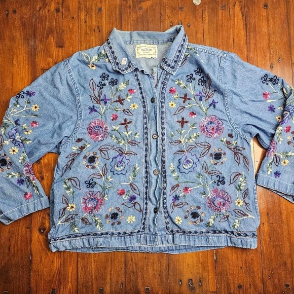 Tantrums Tops - FLORAL HAND STITCHED DENIM BUTTON UP SHIRT‎